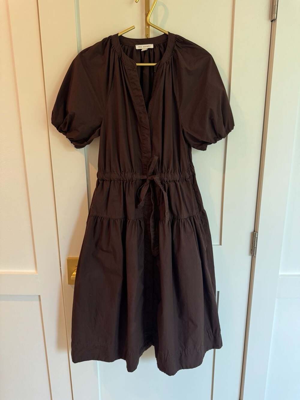 Free Assembly Women's Brown Cotton Midi Dress with Puff Sleeves Size XS (0-2)